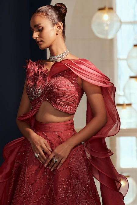 Shop Adaara Couture Pink Bamboo, Organza Sequins, Crystals, Beads V-neck Embroidered Top And Skirt Set at Aza Fashions Shop_Adaara Couture_Pink Bamboo, Organza Sequins, Crystals, Beads V-neck Embroidered Top And Skirt Set _at_Aza_Fashions