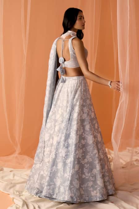 Shop_Lashkaraa_Grey Chanderi Embroidery, Stones V-neck Flower Print Lehenga Set _at_Aza_Fashions