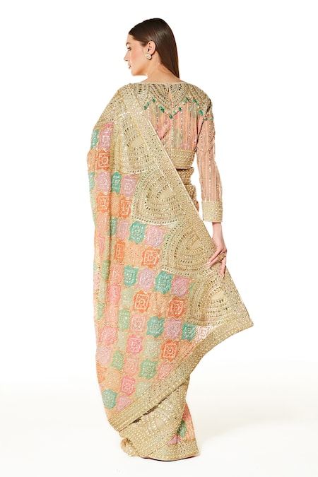 Shop_Rabani & Rakha_Multi Color Georgette Sequins, Mirrors, Gota Zaynab Bandhani Saree With Blouse _at_Aza_Fashions