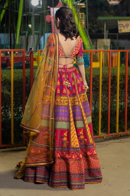Shop Irrau By Samir Mantri Multi Color Net, Silk Sequins, Embroidery, Gota Printed Panelled Lehenga Set at Aza Fashions Shop_Irrau By Samir Mantri_Multi Color Net, Silk Sequins, Embroidery, Gota Printed Panelled Lehenga Set _at_Aza_Fashions