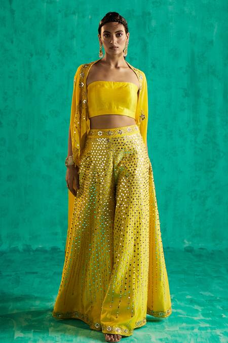 Shop_Shian_Yellow Silk Dupion Embroidered Resham Thread Cape Sharara Set With  _at_Aza_Fashions