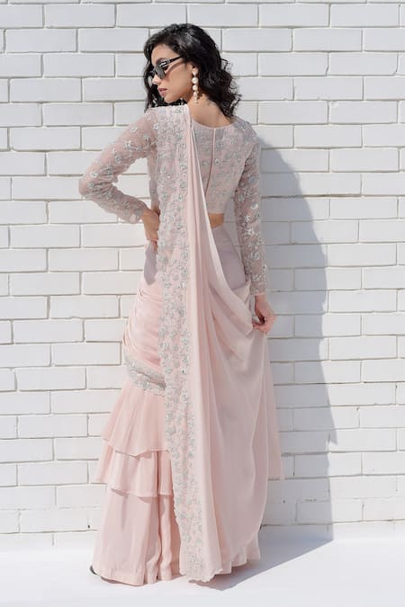 Shop Talking Threads Pink Georgette, Silk Organza Sequins, Floral Embroidered Pre-draped Saree Set at Aza Fashions Shop_Talking Threads_Pink Georgette, Silk Organza Sequins, Floral Embroidered Pre-draped Saree Set _at_Aza_Fashions
