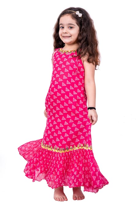 Shop Vivedkids Pink Chiffon, Cotton Tassels Round Neck Printed Dress at Aza Fashions Shop_Vivedkids_Pink Chiffon, Cotton Tassels Round Neck Printed Dress _at_Aza_Fashions