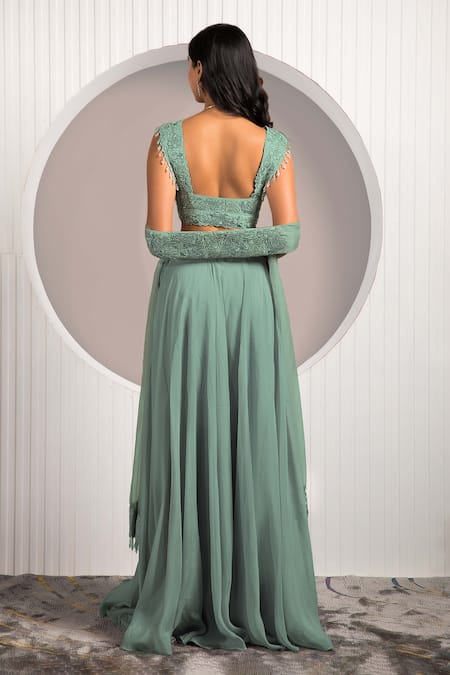 Shop_Jade By Ashima_Green Georgette, Crepe, Organza Beads, Ruffle Draped Skirt Blouse Set _at_Aza_Fashions