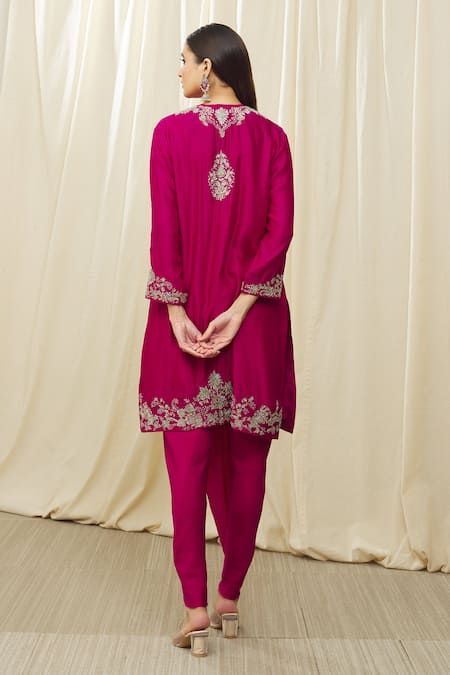 Shop Jayanti Reddy Pink Silk Embroidery, Cut Work Round Neck Floral Tunic Dhoti Pant Set at Aza Fashions Shop_Jayanti Reddy_Pink Silk Embroidery, Cut Work Round Neck Floral Tunic Dhoti Pant Set _at_Aza_Fashions