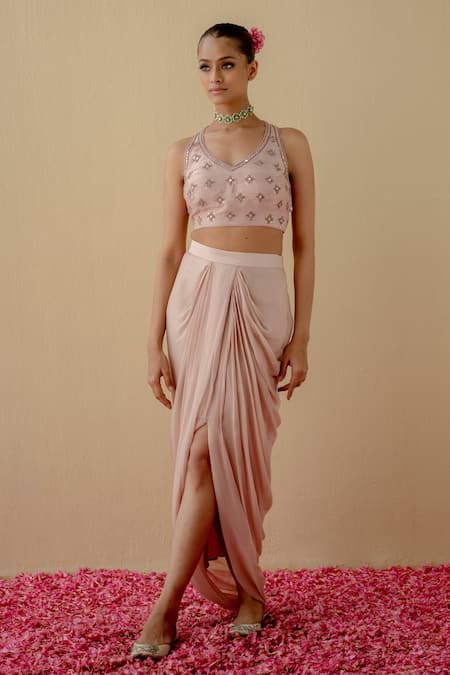 Mint Blush Embroidered Cape Draped Dhoti Skirt Set 