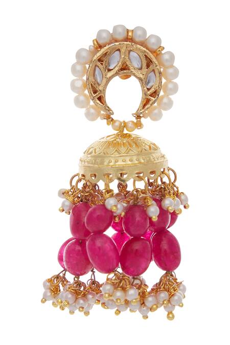 Just Shradhas_Gold Plated Stones, Pearls Jhumka Chandbali Earrings _Online_at_Aza_Fashions