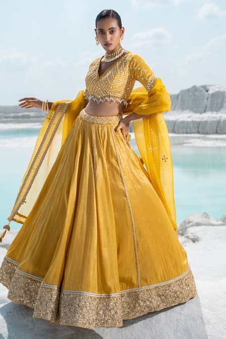 Shop Seeaash Yellow Lehenga And Blouse Shimmer Chanderi & Dupatta Net Gota, Mirror, Pearl Set at Aza Fashions Shop_Seeaash_Yellow Lehenga And Blouse Shimmer Chanderi & Dupatta Net Gota, Mirror, Pearl Set _at_Aza_Fashions