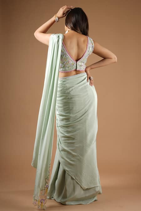 Vana Ethnics_Green Viscose Sequins, Embroidery V-neck Pre-draped Saree With Blouse _Online_at_Aza_Fashions