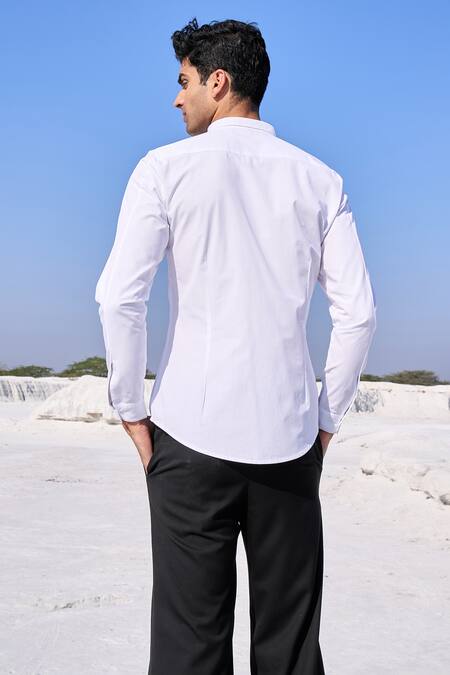 Shop Dash And Dot White Cotton Embroidery Chevron Bib Shirt at Aza Fashions Shop_Dash And Dot_White Cotton Embroidery Chevron Bib Shirt_at_Aza_Fashions