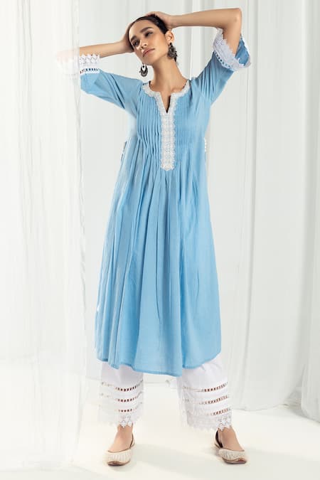 Shop Roze Blue Cotton, Handloom Cotton, Chiffon Embroidery, Iris Pintucked Yoke Kurta Set at Aza Fashions Shop_Roze_Blue Cotton, Handloom Cotton, Chiffon Embroidery, Iris Pintucked Yoke Kurta Set _at_Aza_Fashions