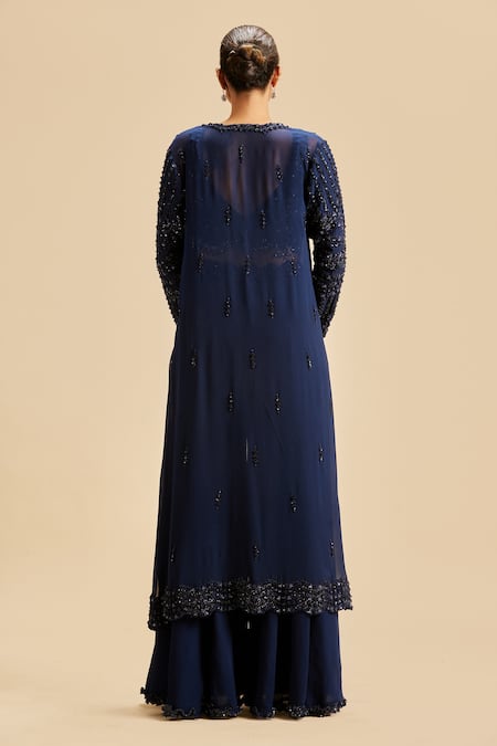 Shop Nitika Gujral Blue Georgette Embroidery Sequin Leaf Neck Jacket And Sharara Set at Aza Fashions Shop_Nitika Gujral_Blue Georgette Embroidery Sequin Leaf Neck Jacket And Sharara Set _at_Aza_Fashions