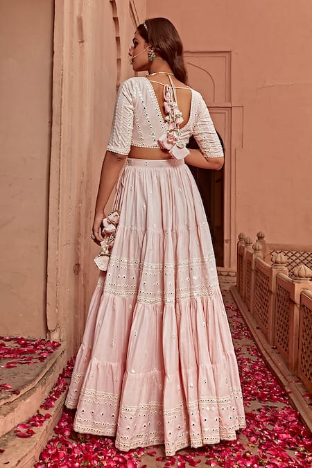 Shop_Preevin_Pink Cotton, Net, Tulle Mirrors, Tiered Mirrorwork Embellished Lehenga Set _at_Aza_Fashions