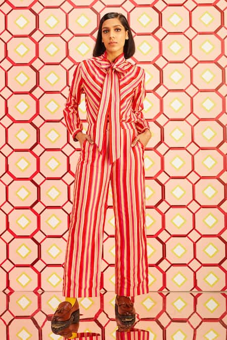 Shop Betrue Red Handloom Cotton, Silk Bandeau Neck Happy Striped Patterned Bow Shirt at Aza Fashions Shop_Betrue_Red Handloom Cotton, Silk Bandeau Neck Happy Striped Patterned Bow Shirt _at_Aza_Fashions