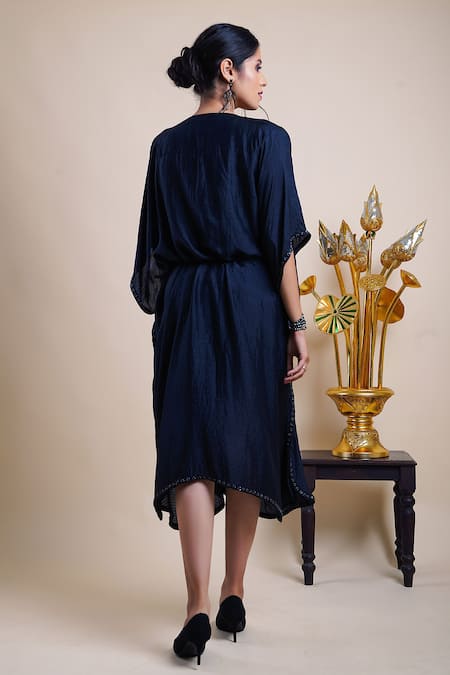 Shop Bhusattva Black Organic Silk Embroidery Bead Notched Yoke Kaftan at Aza Fashions Shop_Bhusattva_Black Organic Silk Embroidery Bead Notched Yoke Kaftan _at_Aza_Fashions