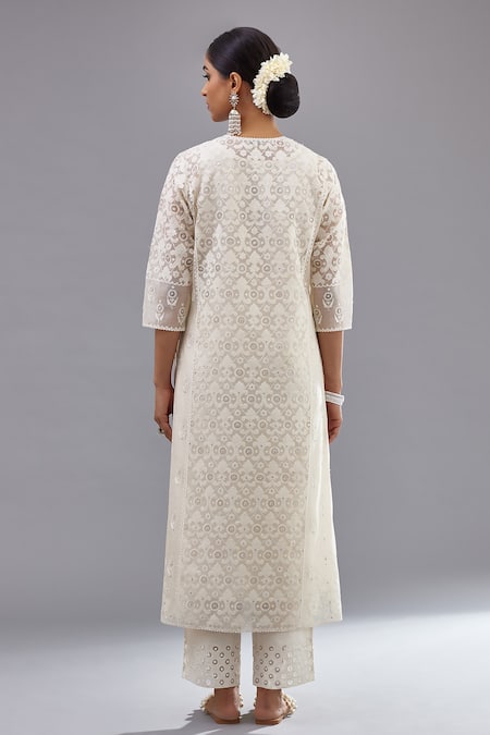 Shop Kora Off White Cotton, Chanderi Sequins, Floral And Straight Kurta Pant Set at Aza Fashions Shop_Kora_Off White Cotton, Chanderi Sequins, Floral And Straight Kurta Pant Set _at_Aza_Fashions
