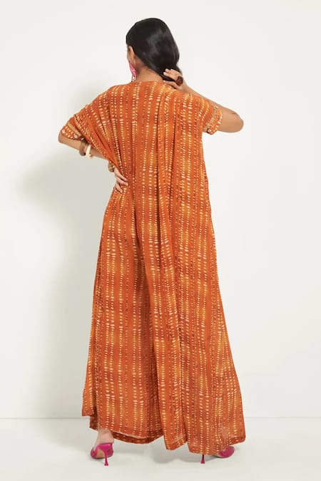 Shop_Style Junkiie_Orange Crepe Collared Printed Jumpsuit _at_Aza_Fashions