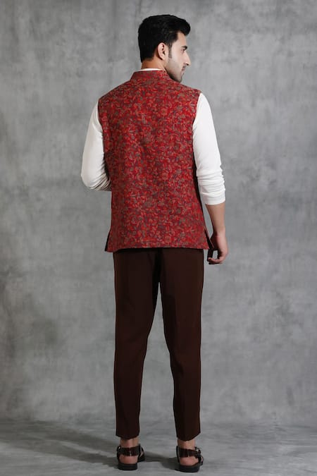 Shop Dusala Red Pashmina Thread Embroidered Floral Bundi at Aza Fashions Shop_Dusala_Red Pashmina Thread Embroidered Floral Bundi _at_Aza_Fashions