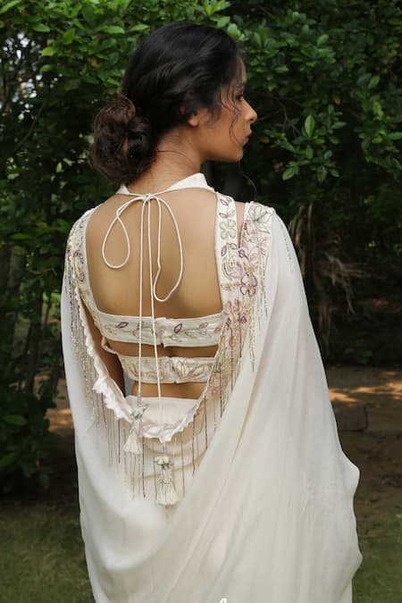 Shop Megha Bansal Ivory Blouse Silk Chanderi, Saree Gulmohar Motia Fiha With Embroidered at Aza Fashions Shop_Megha Bansal_Ivory Blouse Silk Chanderi, Saree Gulmohar Motia Fiha With Embroidered _at_Aza_Fashions
