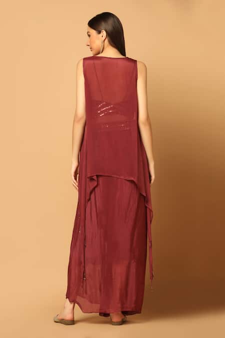 Shop Two Sisters By Gyans Maroon Chiffon Beads, Sequins, Crystals High Low Hem Cape And Draped Skirt Set at Aza Fashions Shop_Two Sisters By Gyans_Maroon Chiffon Beads, Sequins, Crystals High Low Hem Cape And Draped Skirt Set _at_Aza_Fashions