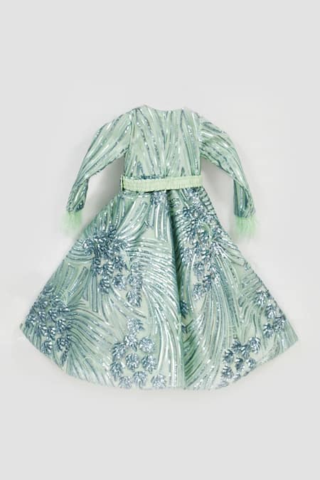 Shop Fayon Kids Green Satin Sequins, Fabric Flowers Fur Embellished Sleeve Gown at Aza Fashions Shop_Fayon Kids_Green Satin Sequins, Fabric Flowers Fur Embellished Sleeve Gown _at_Aza_Fashions