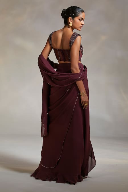 Divya Aggarwal Wine Georgette, Satin, Lycra Vero Pre-draped Saree With Embellished Blouse Online at Aza Fashions Divya Aggarwal_Wine Georgette, Satin, Lycra Vero Pre-draped Saree With Embellished Blouse _Online_at_Aza_Fashions