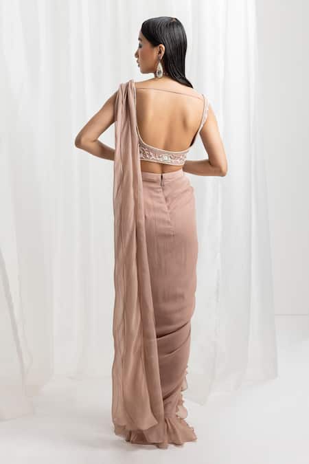 Shop Seema Thukral Pink Georgette, Satin, Organza Pre-draped Cowl Saree With Embroidered Choli at Aza Fashions Shop_Seema Thukral_Pink Georgette, Satin, Organza Pre-draped Cowl Saree With Embroidered Choli _at_Aza_Fashions