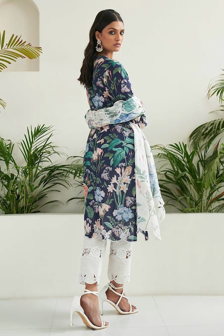 Shop_Sage Saga_Blue Chanderi, Linen Pearls, Iris Floral Print Straight Kurta Palazzo Set _at_Aza_Fashions