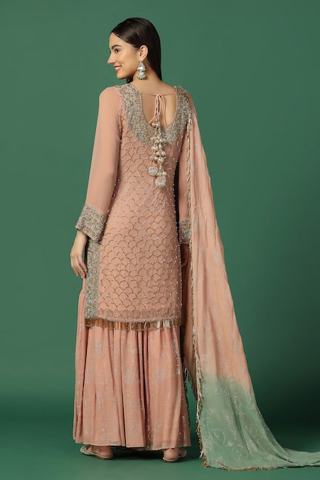 Shop Two Sisters By Gyans Pink Georgette Sequins, Embroidery, Foil Scallop And Floral Kurta Sharara Set at Aza Fashions Shop_Two Sisters By Gyans_Pink Georgette Sequins, Embroidery, Foil Scallop And Floral Kurta Sharara Set _at_Aza_Fashions