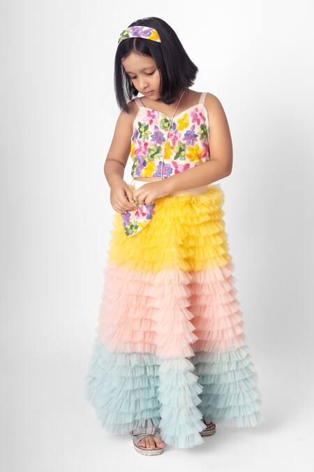 Shop_Ranikidswear_Multi Color Net Embroidery Bead Ruffle Skirt And Blouse Set_at_Aza_Fashions