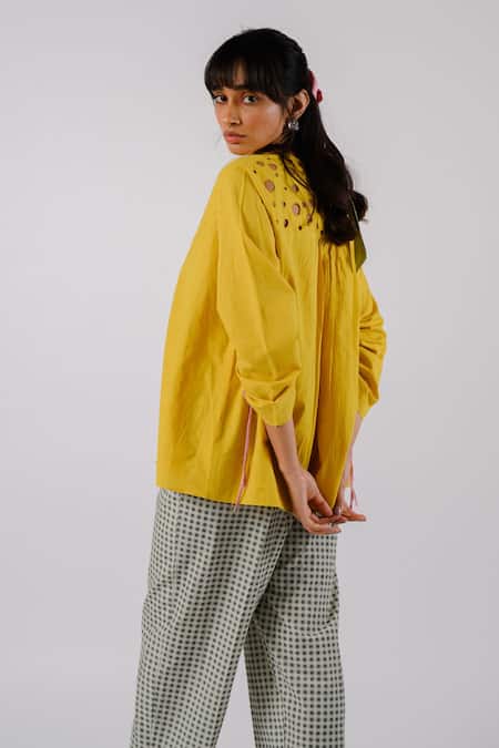 Shop Tussah By Siddhi Shah Black Cotton Cut Work Round Neck Ruched Sleeve Shirt With Contrast Pant at Aza Fashions Shop_Tussah By Siddhi Shah_Black Cotton Cut Work Round Neck Ruched Sleeve Shirt With Contrast Pant _at_Aza_Fashions