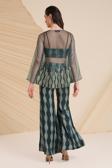Shop_Divya Aggarwal_Green Satin, Organza Embroidery Olivia Jacket And Leaf Printed Pant Set _at_Aza_Fashions