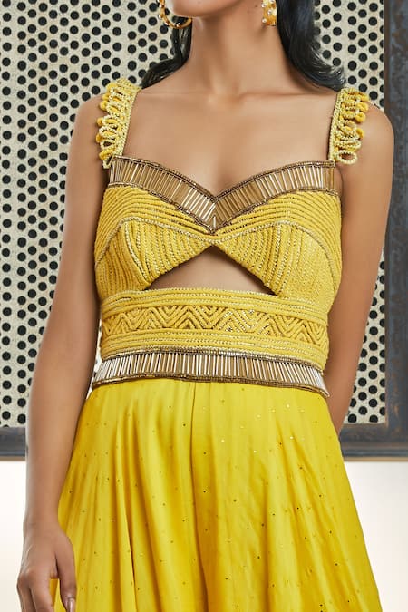Shop Surily G Yellow Chanderi Hand Embroidery Badla Sweetheart Neck Yoke Jumpsuit at Aza Fashions Shop_Surily G_Yellow Chanderi Hand Embroidery Badla Sweetheart Neck Yoke Jumpsuit _at_Aza_Fashions