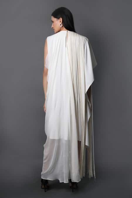 Shop Swatee Singh White Crepe Fringe Round Neck Asymmetric Dress at Aza Fashions Shop_Swatee Singh_White Crepe Fringe Round Neck Asymmetric Dress _at_Aza_Fashions