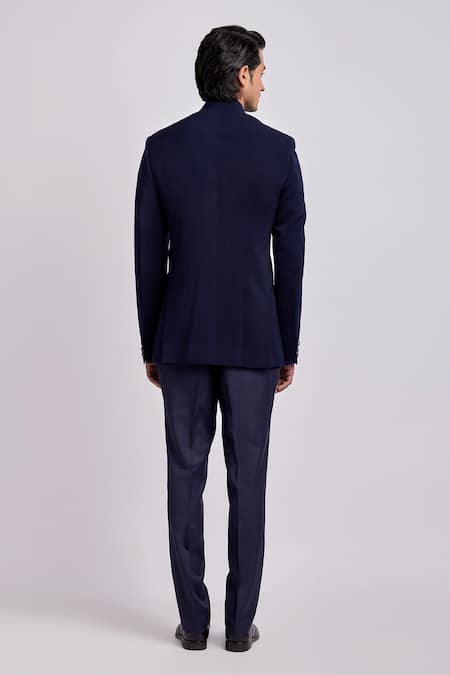 Shop Bubber Couture Blue Crepe, Wool Romanov Front Open Bandhgala Jacket at Aza Fashions Shop_Bubber Couture_Blue Crepe, Wool Romanov Front Open Bandhgala Jacket _at_Aza_Fashions