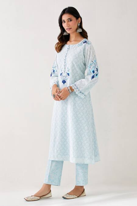 Shop_Anantaa By Roohi_Blue Cotton Embroidery Floral Vine Hem Palazzo _at_Aza_Fashions