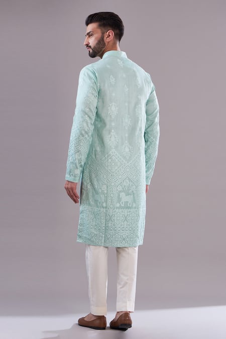 Shop Kasbah Blue Silk, Cotton Embroidery Pure Thread Work Kurta at Aza Fashions Shop_Kasbah_Blue Silk, Cotton Embroidery Pure Thread Work Kurta _at_Aza_Fashions