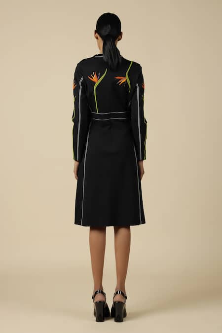 Shop Shahin Mannan Black Jersey Embroidery Round Neck Bird Of Paradise Front Slit Open Dress at Aza Fashions Shop_Shahin Mannan_Black Jersey Embroidery Round Neck Bird Of Paradise Front Slit Open Dress _at_Aza_Fashions