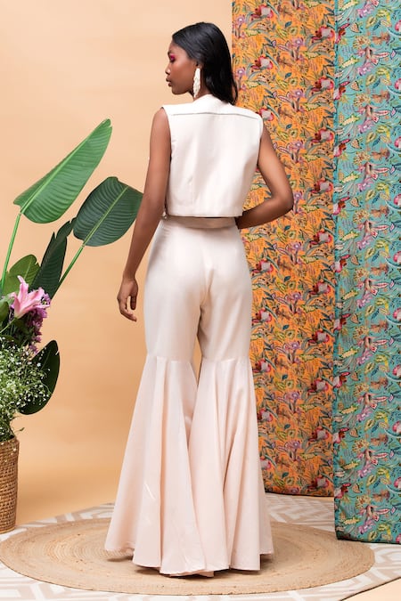 Shop Rishi and Vibhuti Pink Linen Embroidery Open Neck Hasta Vista Embellished Jacket And Pant Set at Aza Fashions Shop_Rishi and Vibhuti_Pink Linen Embroidery Open Neck Hasta Vista Embellished Jacket And Pant Set _at_Aza_Fashions