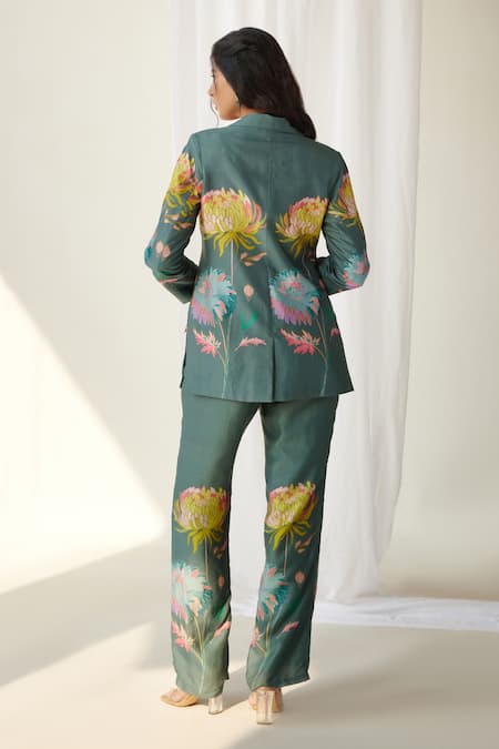 Shop Koashee By Shubitaa Green Silk Embroidery Collared Floral Printed Pant Set at Aza Fashions Shop_Koashee By Shubitaa_Green Silk Embroidery Collared Floral Printed Pant Set _at_Aza_Fashions