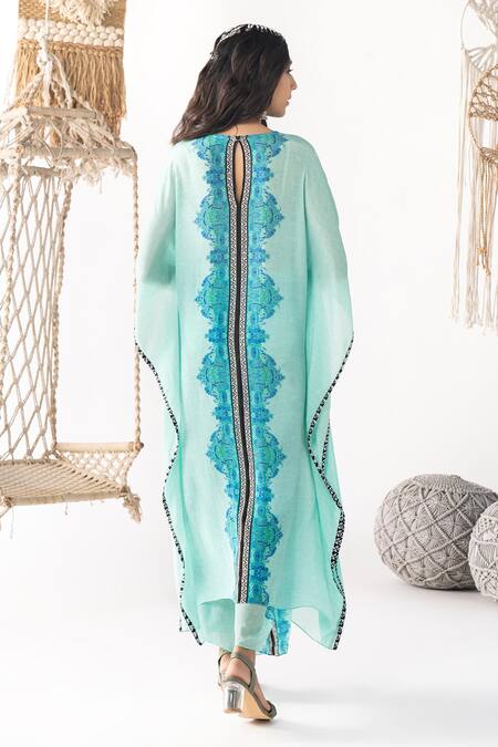 Shop Chhavvi Aggarwal Blue Crepe Round Neck Floret Print Kaftan And Palazzo Set at Aza Fashions Shop_Chhavvi Aggarwal_Blue Crepe Round Neck Floret Print Kaftan And Palazzo Set_at_Aza_Fashions