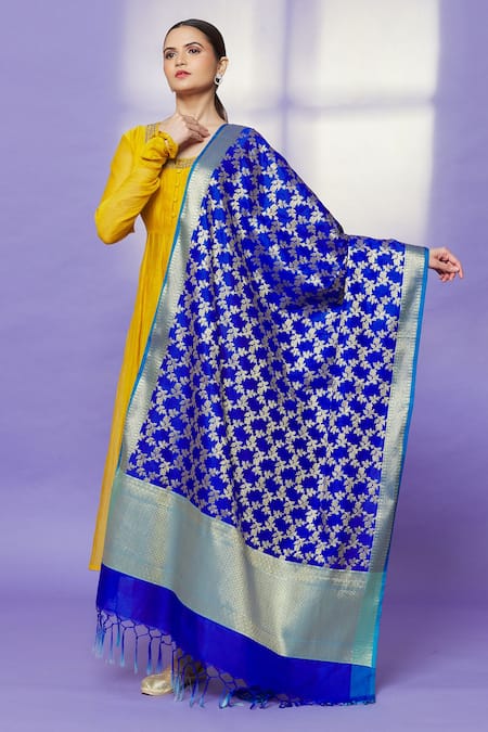 Shop Naintara Bajaj Blue Silk Fringe Floral Woven Dupatta at Aza Fashions Shop_Naintara Bajaj_Blue Silk Fringe Floral Woven Dupatta _at_Aza_Fashions