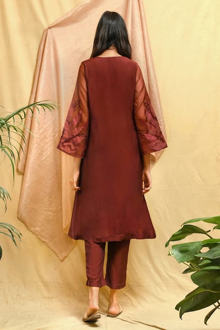 Shop_Chambray & CO._Wine Vegan Silk Embroidered Hand Applique Lapel Kurta And Pant Set _at_Aza_Fashions