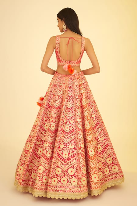 Shop Shyam Narayan Prasad Red Silk, Organza Lace, Embroidery, Panelled Bridal Lehenga Set With Sleeves at Aza Fashions Shop_Shyam Narayan Prasad_Red Silk, Organza Lace, Embroidery, Panelled Bridal Lehenga Set With Sleeves _at_Aza_Fashions