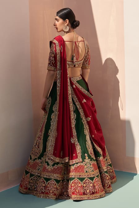 Shop_Angad Singh_Green Silk, Net Embroidery, Cut Work, Sequins Applique Raw Bridal Lehenga Set _at_Aza_Fashions