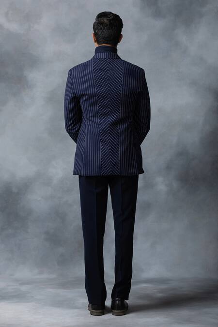 Shop_Sarab Khanijou_Blue Suiting Fabric Striped Panelled Blazer _at_Aza_Fashions