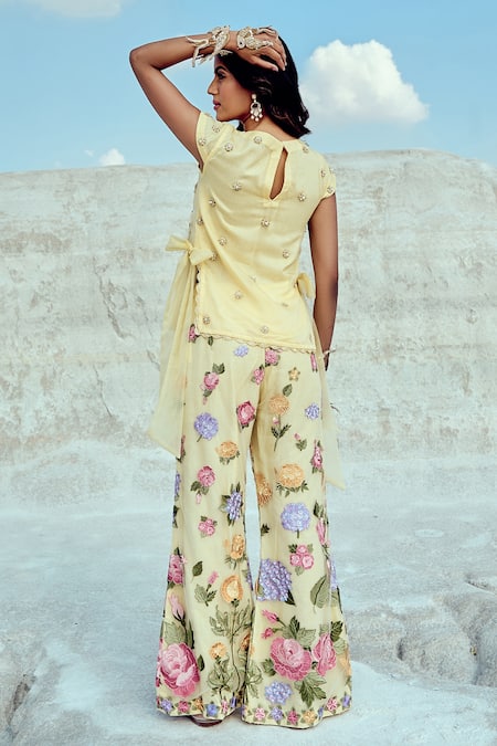 Shop_Nikita Vishakha_Yellow Silk Organza, Net Zari, Embroidery Boat Neck Zardozi Top And Pant Set _at_Aza_Fashions