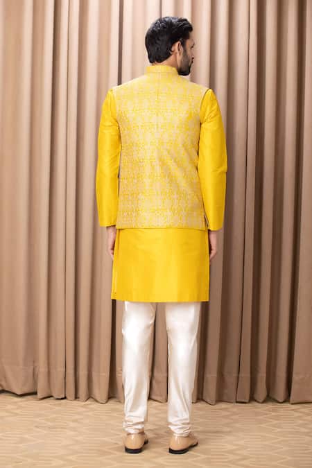 Ankit V Kapoor Floral Embroidered Mustard Bundi & Kurta Set 
