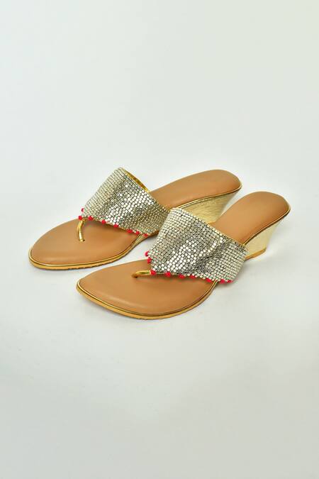 Shop_Nazaakat By Samara Singh_Gold Beads Embellished Wedges_at_Aza_Fashions