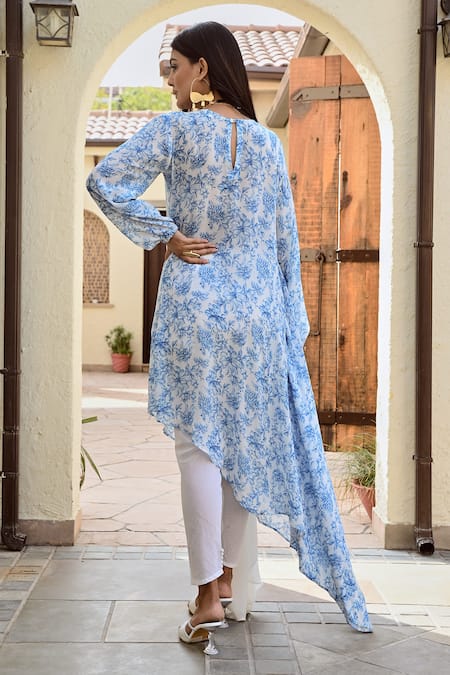 Shop Palak & Mehak Blue Crepe, Cotton Round Neck Tarini Floral Print Tunic With Tulip Pant at Aza Fashions Shop_Palak & Mehak_Blue Crepe, Cotton Round Neck Tarini Floral Print Tunic With Tulip Pant _at_Aza_Fashions